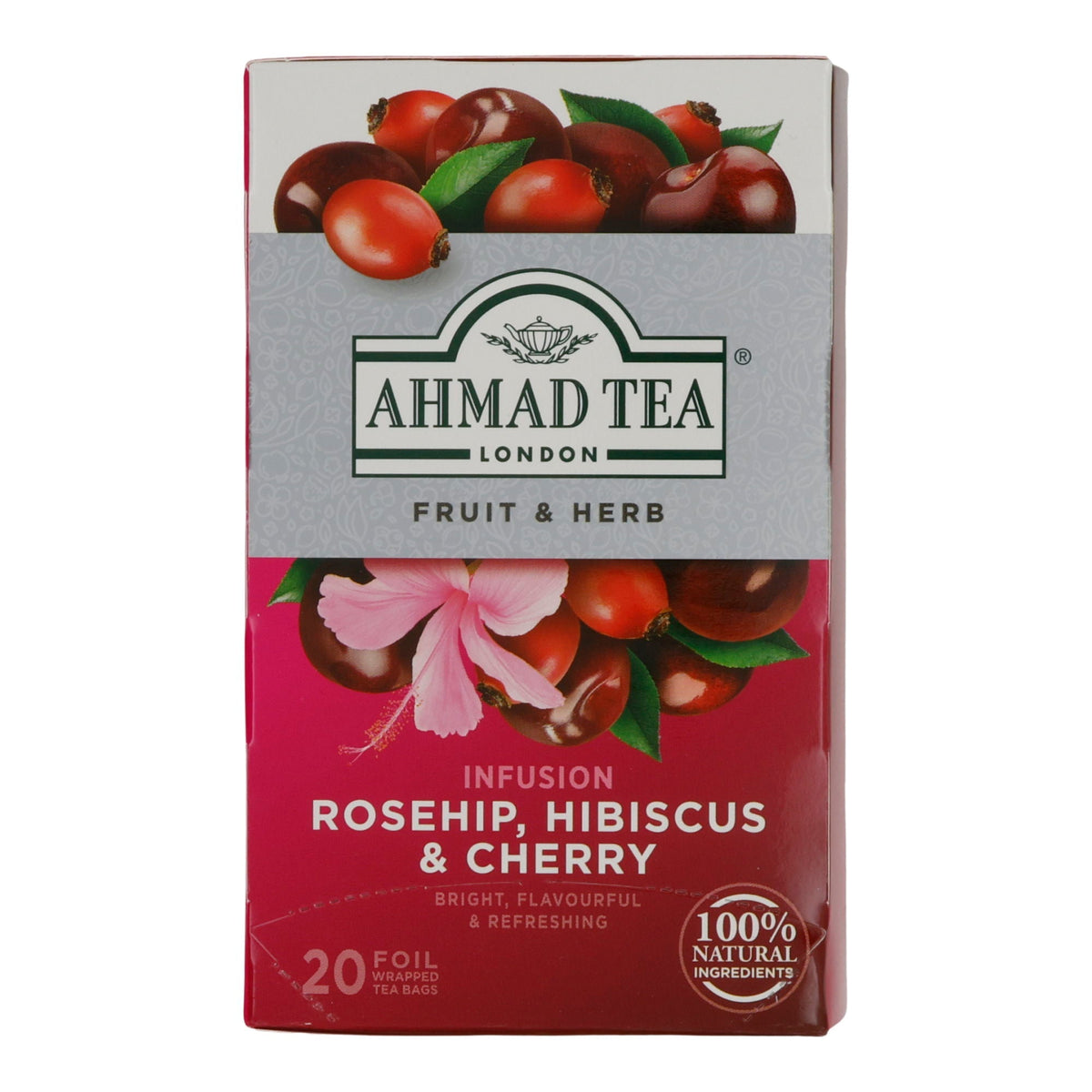 Früchtetee Ahmad Tea | Rosehip, Hibiscus & Cherry | Fruchtige Kräuterinfusion mit Hagebutte, Hibiskus und Kirsche | 20 Teebeutel AHMAD TEA