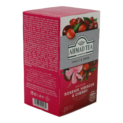 Früchtetee Ahmad Tea | Rosehip, Hibiscus & Cherry | Fruchtige Kräuterinfusion mit Hagebutte, Hibiskus und Kirsche | 20 Teebeutel AHMAD TEA