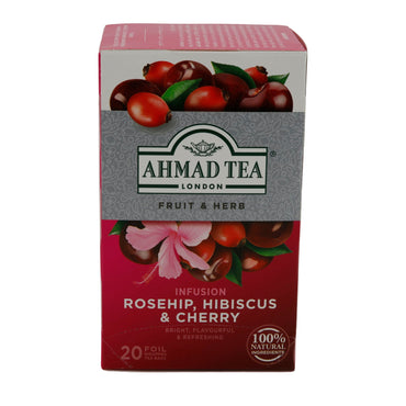 Früchtetee Ahmad Tea | Rosehip, Hibiscus & Cherry | Fruchtige Kräuterinfusion mit Hagebutte, Hibiskus und Kirsche | 20 Teebeutel AHMAD TEA