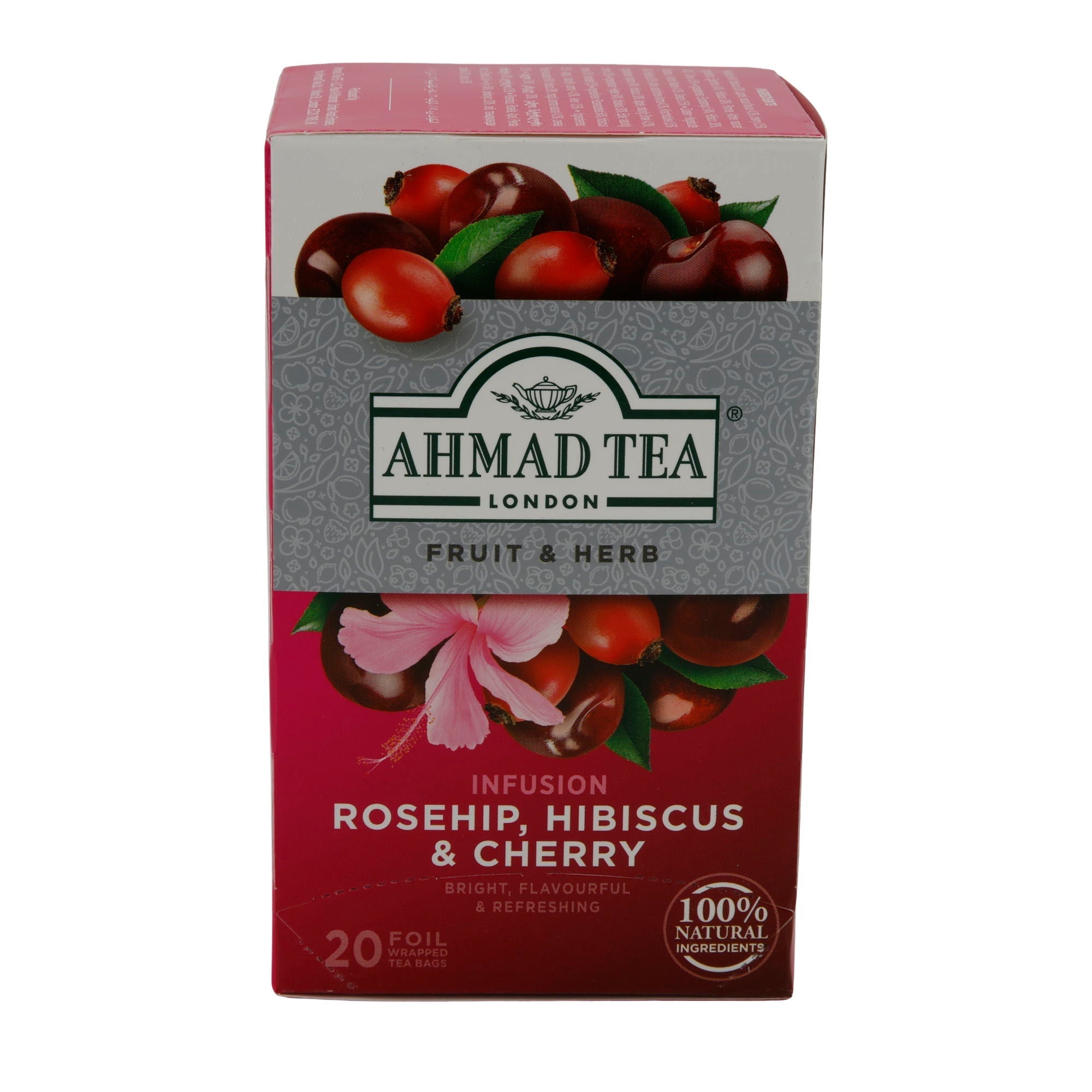 Früchtetee Ahmad Tea | Rosehip, Hibiscus & Cherry | Fruchtige Kräuterinfusion mit Hagebutte, Hibiskus und Kirsche | 20 Teebeutel AHMAD TEA