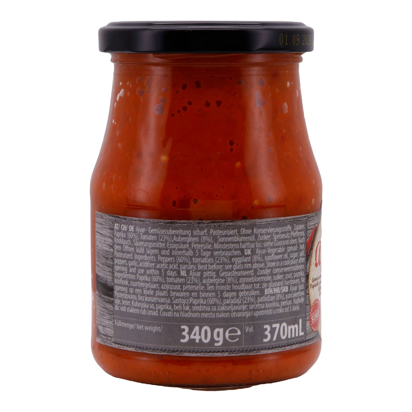 Pasta di verdure Natura | Ajvar piccante | Preparazione piccante di verdure con peperoni, pomodori e melanzane | Barattolo da 370 ml