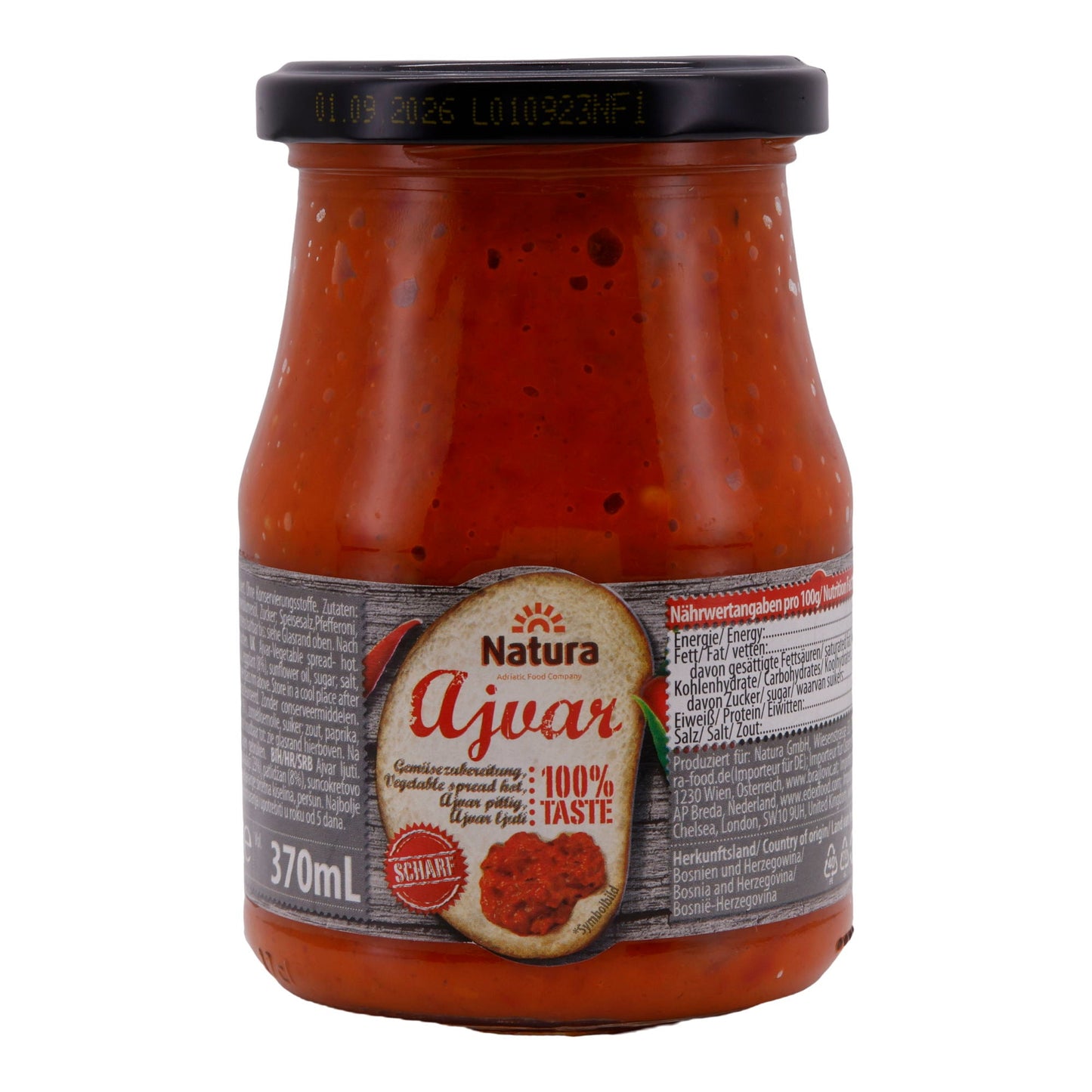 Pasta di verdure Natura | Ajvar piccante | Preparazione piccante di verdure con peperoni, pomodori e melanzane | Barattolo da 370 ml