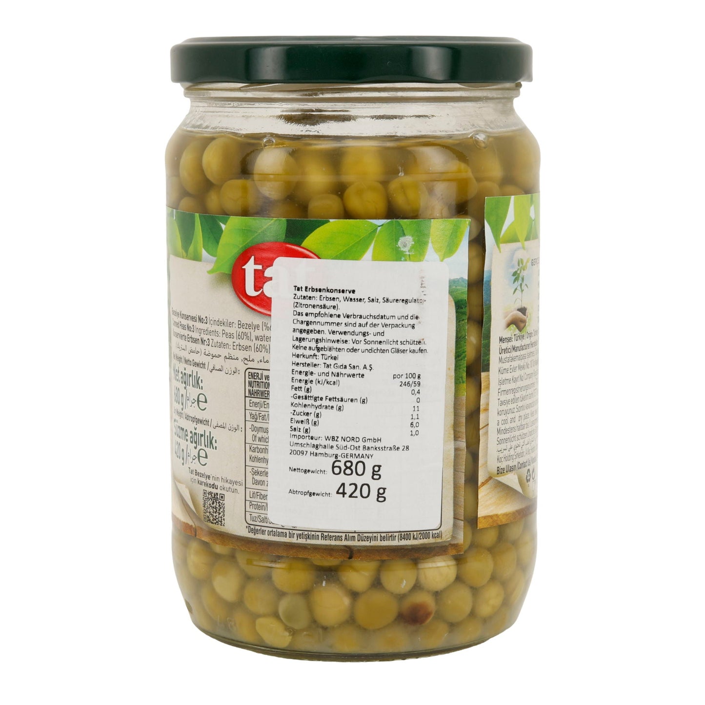 Grüne Erbsen Konserve TAT | Gemüse | Proteinreich & verzehrfertig | 680 g