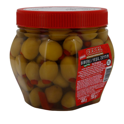 Cebel Green Olives with Red Pepper – 750 g – Pitted & Pickled in Brine