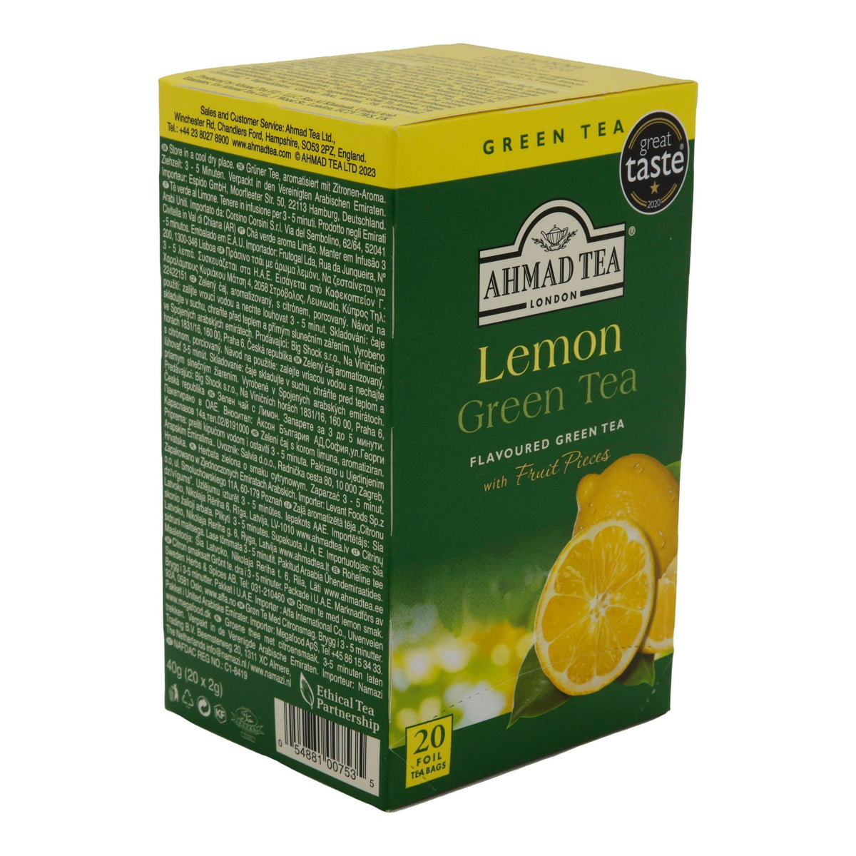 Grüntee Ahmad Tea | Lemon Green Tea | Aromatisierter Grüner Tee mit Zitronenschalen | 20 Teebeutel AHMAD TEA