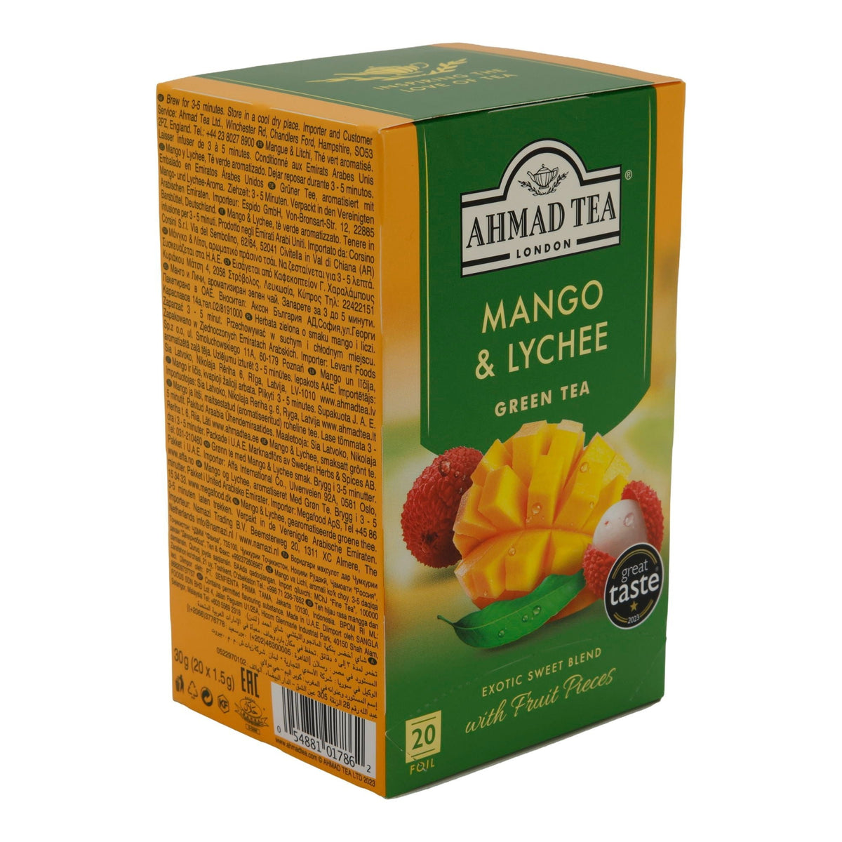 Grüntee Ahmad Tea | Mango & Lychee | Aromatisierter Grüner Tee mit Mango- und Litschigeschmack | 20 Teebeutel