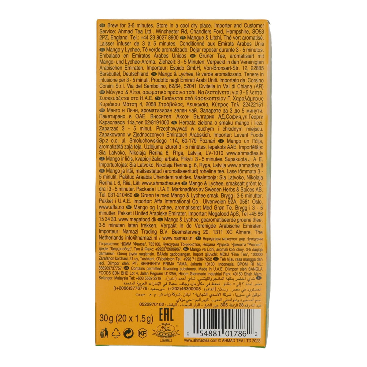 Grüntee Ahmad Tea | Mango & Lychee | Aromatisierter Grüner Tee mit Mango- und Litschigeschmack | 20 Teebeutel AHMAD TEA