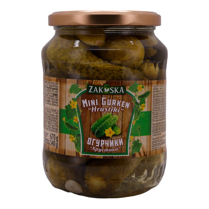 Cornichons Zakoska | Mini-cornichons Hrustiki | Croquants, finement assaisonnés | 670g