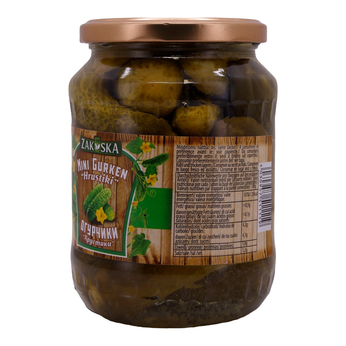 Cornichons Zakoska | Mini-cornichons Hrustiki | Croquants, finement assaisonnés | 670g