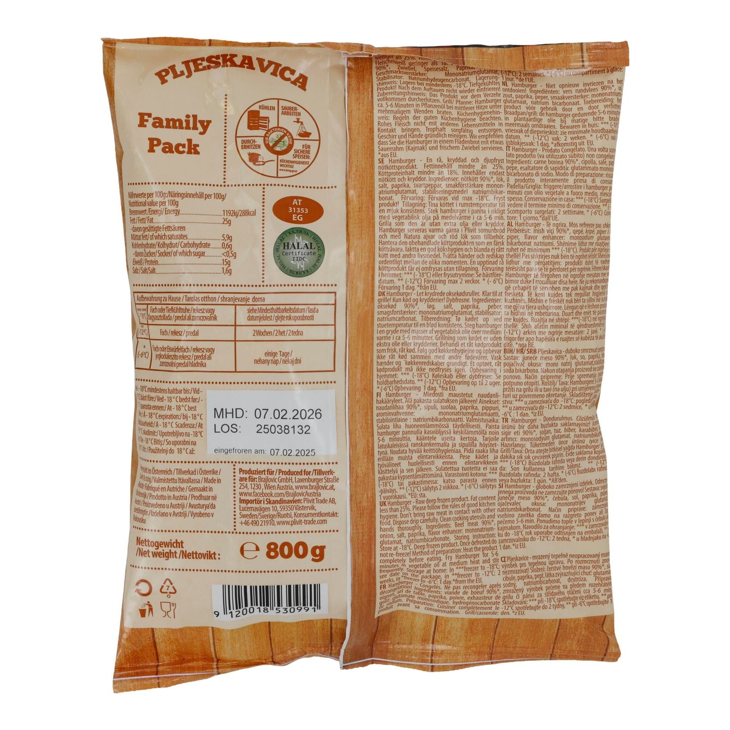 Hamburger Brajlović | Pljeskavica | Rindfleisch, tiefgefroren, Family Pack | 800 g