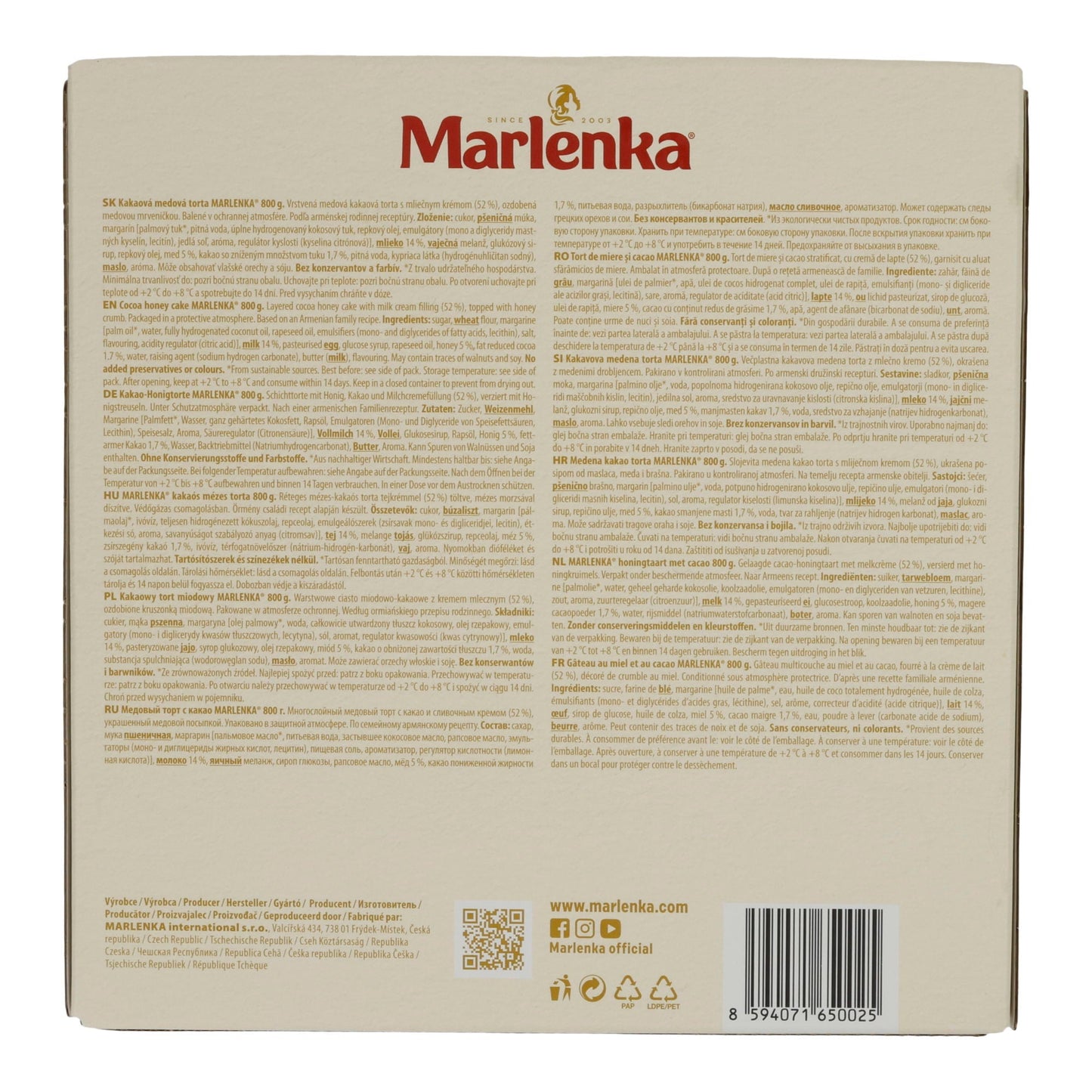 Honigkuchen Marlenka Kakao | Kuchen | Gefrorener Schichtkuchen mit 52% Cremefüllung & 5% Honig | 800 g MARLENKA