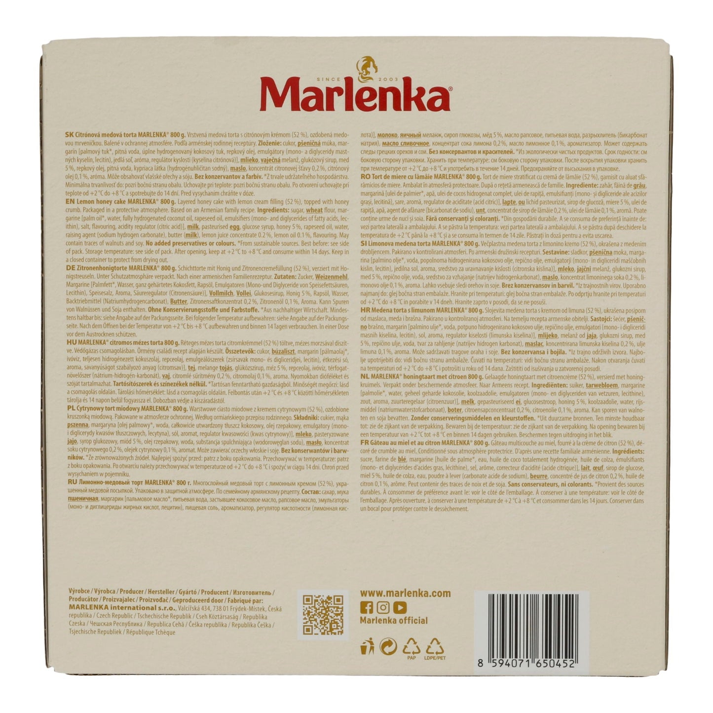 Honigkuchen Marlenka Zitrone | Kuchen | Tiefgefrorene Honigtorte mit Zitronencreme | 800 g MARLENKA