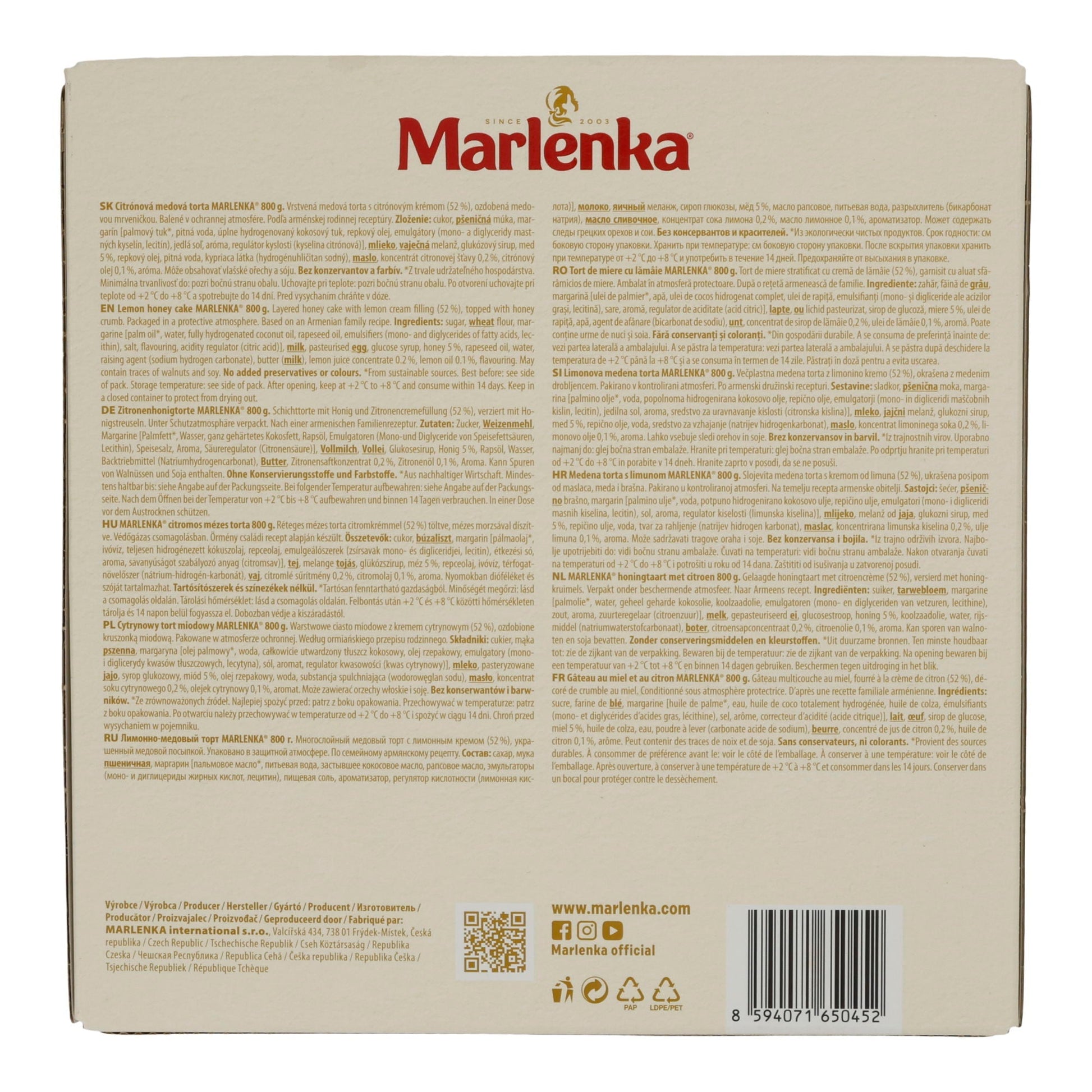 Honigkuchen Marlenka Zitrone | Kuchen | Tiefgefrorene Honigtorte mit Zitronencreme | 800 g MARLENKA