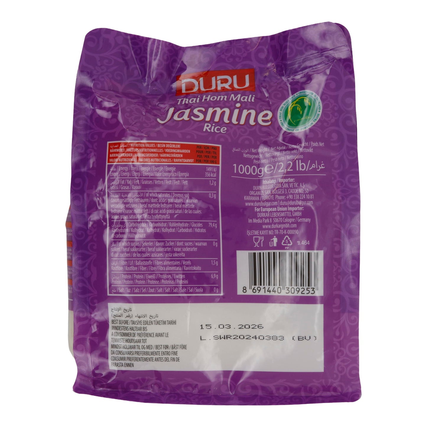 Jasminreis Duru | Thai Hom Mali | Produkt aus Thailand | 1000 g