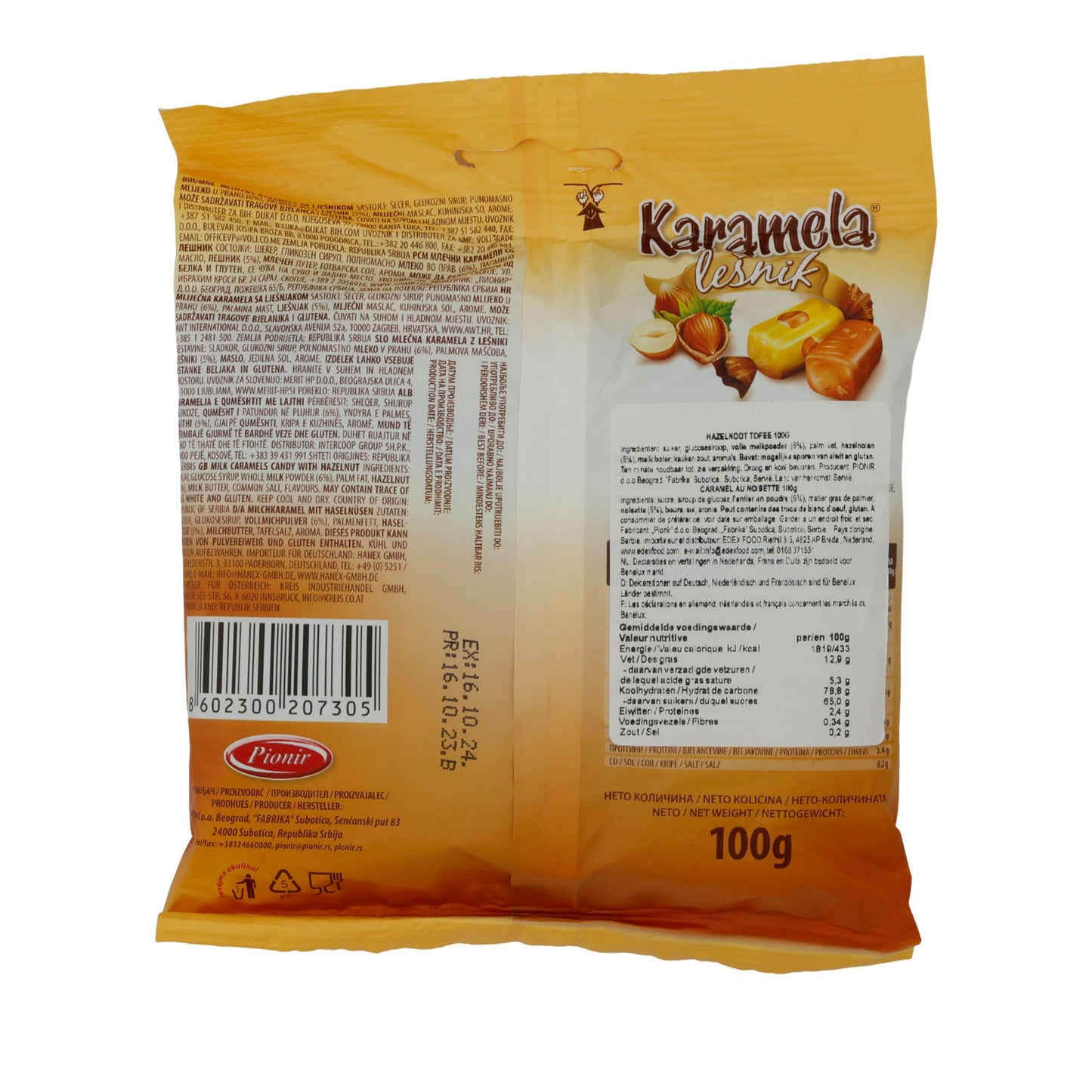 Caramelle al caramello Pionir | Karamela Lešnik | Con ripieno di nocciole | 100 g