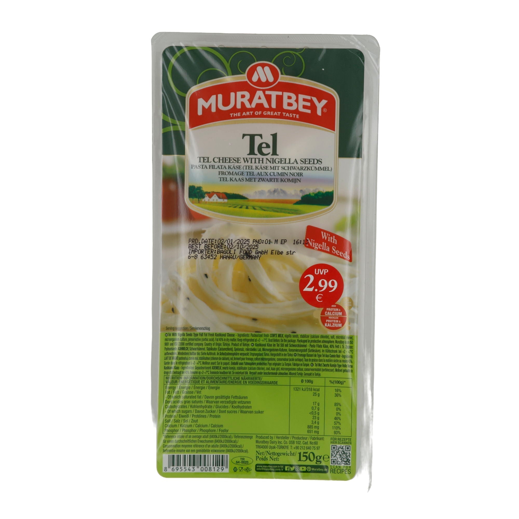 Käse Muratbey Tel Käse mit Schwarzkümmel | Käse | Aromatisch | 150 g MURATBEY