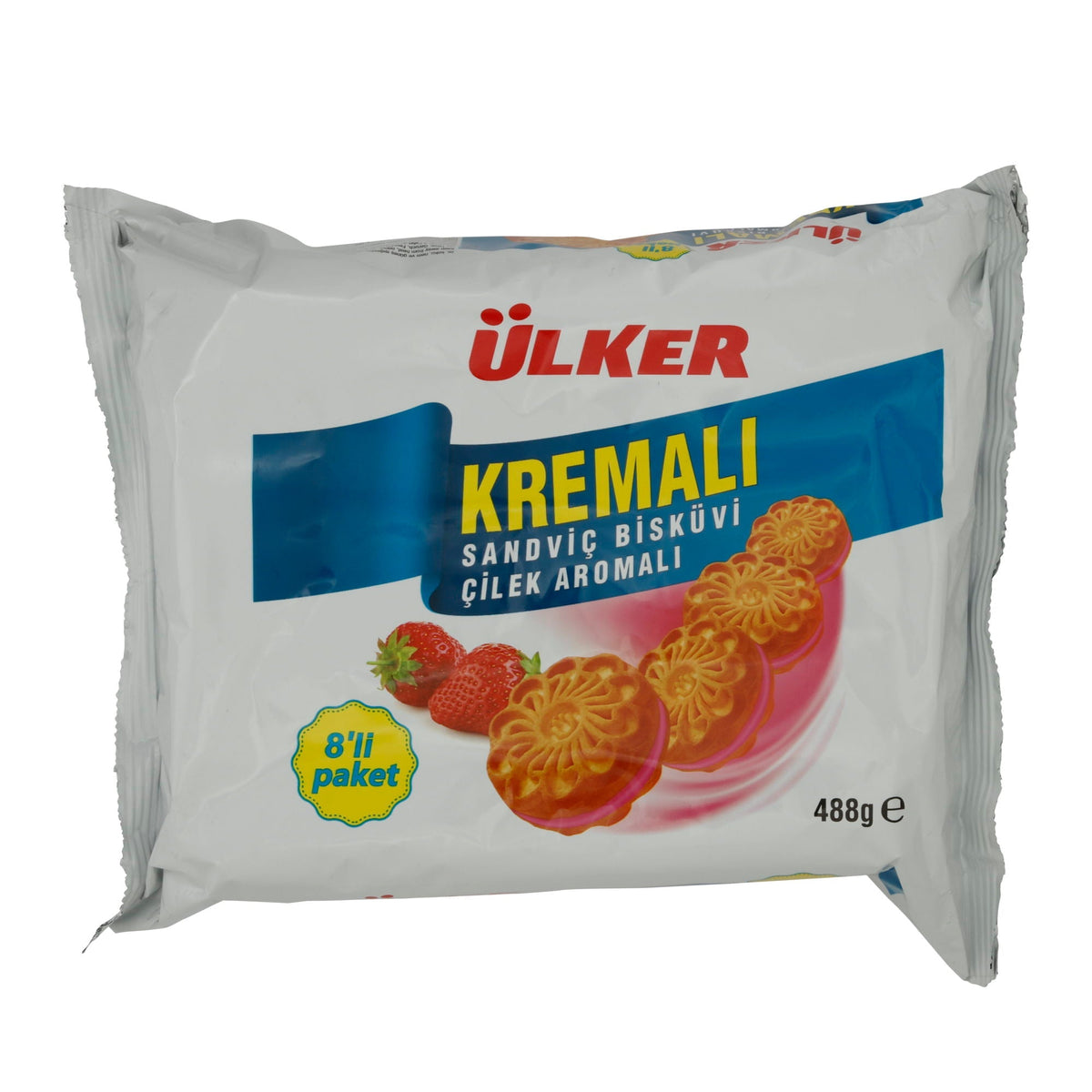 Kekse Ülker | Kremalı Erdbeer-Sandwichkekse | Knusprige Kekse mit fruchtiger Erdbeercreme | 8er Pack – 488 g UELKER