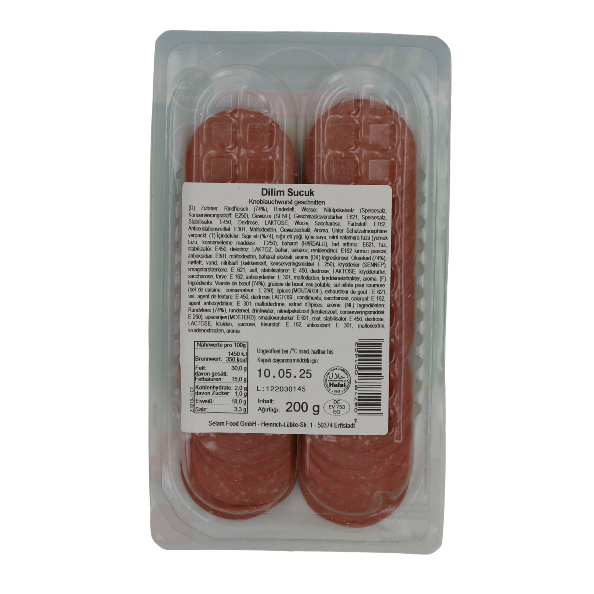 Knoblauchwurst Selam | Dilim Sucuk | Halal, Rinder-Knoblauchwurst, Scheiben | 200 g SELAM