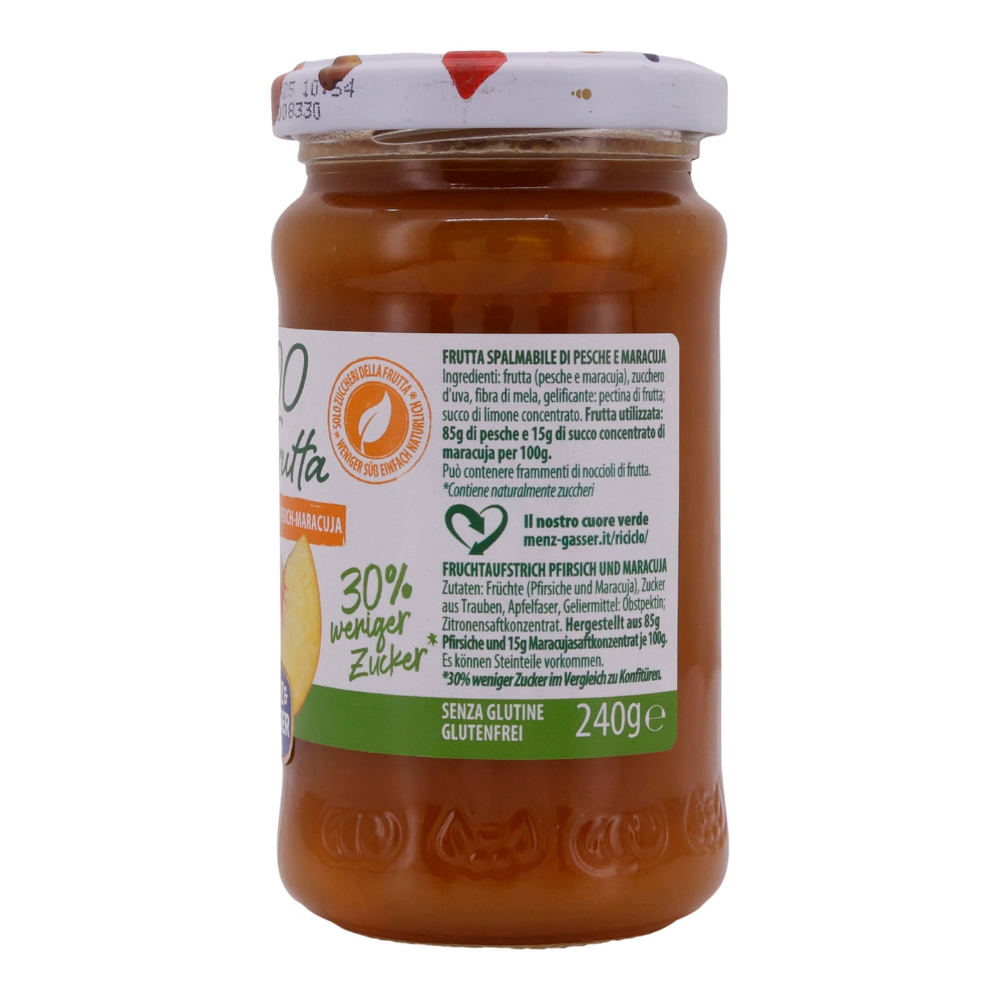 Confiture Menz & Gasser | Pêche-Passion Extra | Fruité, 30 % moins de sucre | 240 g