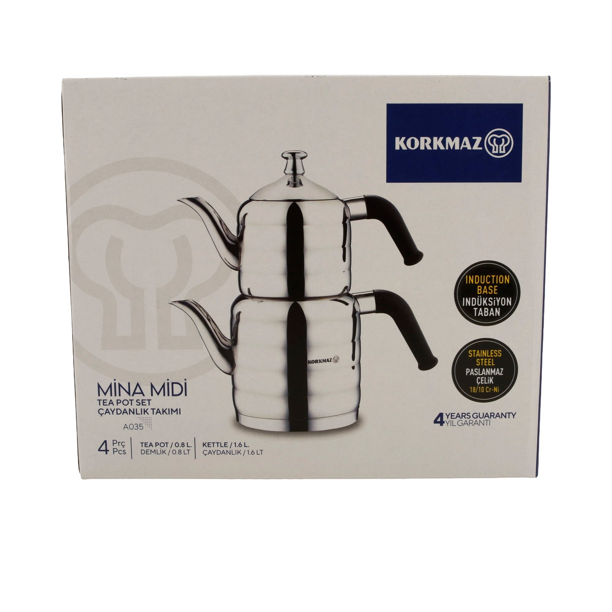 Korkmaz Mina Midi Teekannen - Set A035 | 18/10 Edelstahl | Induktionsgeeignet | 4 - teilig (0,8 L + 1,6 L) - Taste Your World