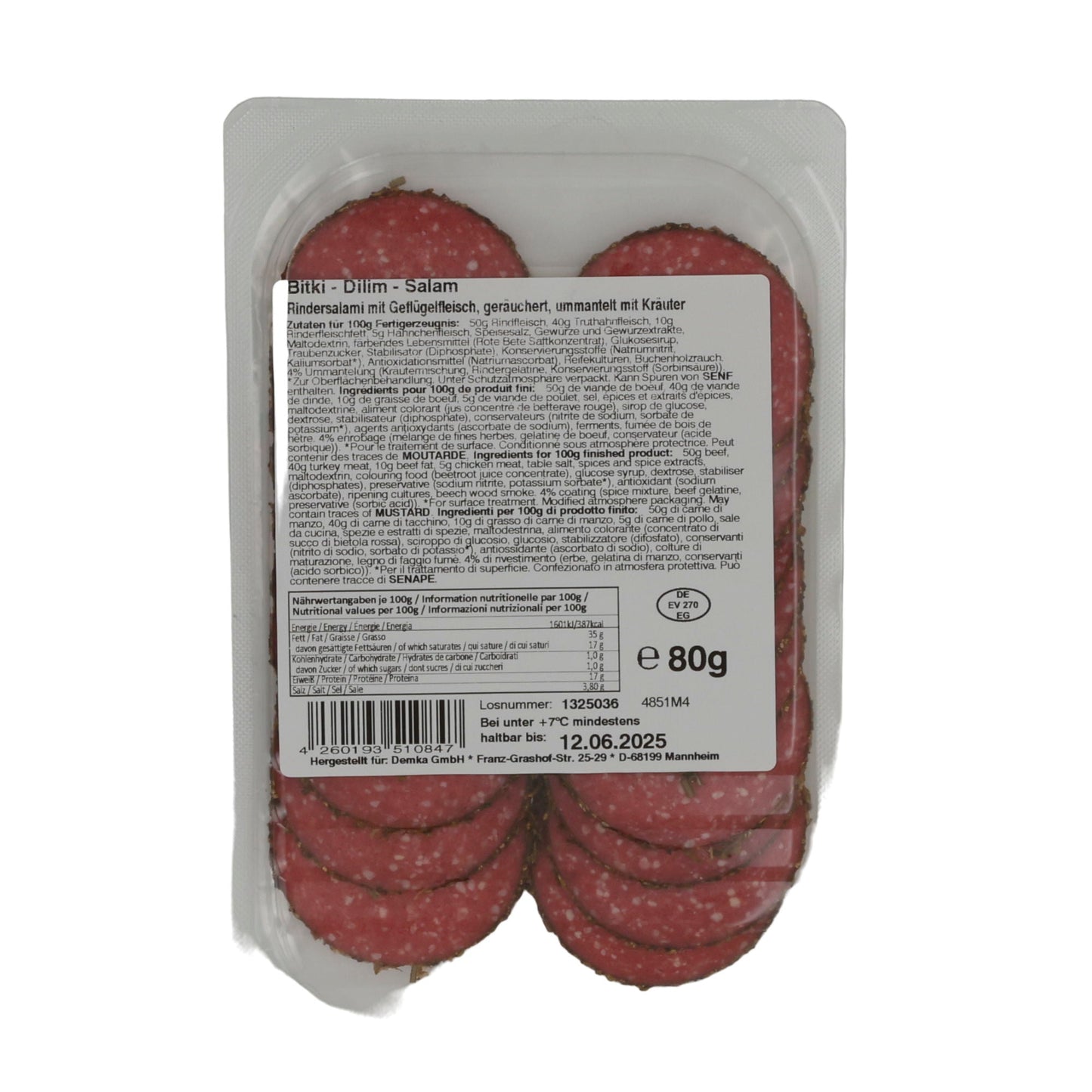 Kräuter-Salami Özyörem | Halal Rindersalami mit Geflügelfleisch | Geräuchert und mit Kräutern ummantelt | 80 g OEZYOEREM