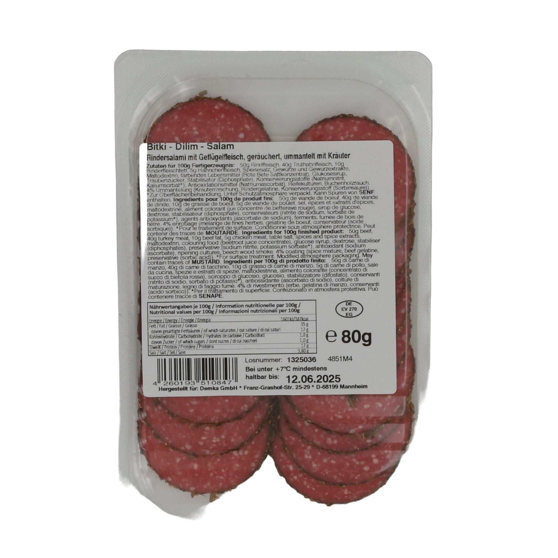 Kräuter-Salami Özyörem | Halal Rindersalami mit Geflügelfleisch | Geräuchert und mit Kräutern ummantelt | 80 g OEZYOEREM