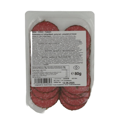 Kräuter-Salami Özyörem | Halal Rindersalami mit Geflügelfleisch | Geräuchert und mit Kräutern ummantelt | 80 g OEZYOEREM