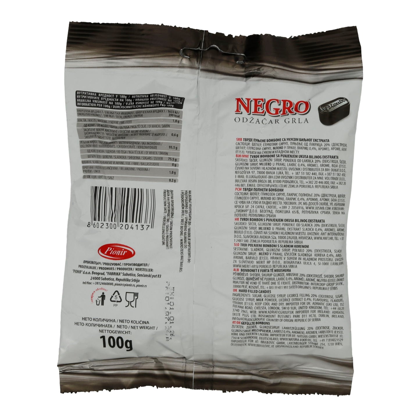 Caramelle alle erbe Pionir | Caramelle per la tosse Negro | Con mentolo | 100 g