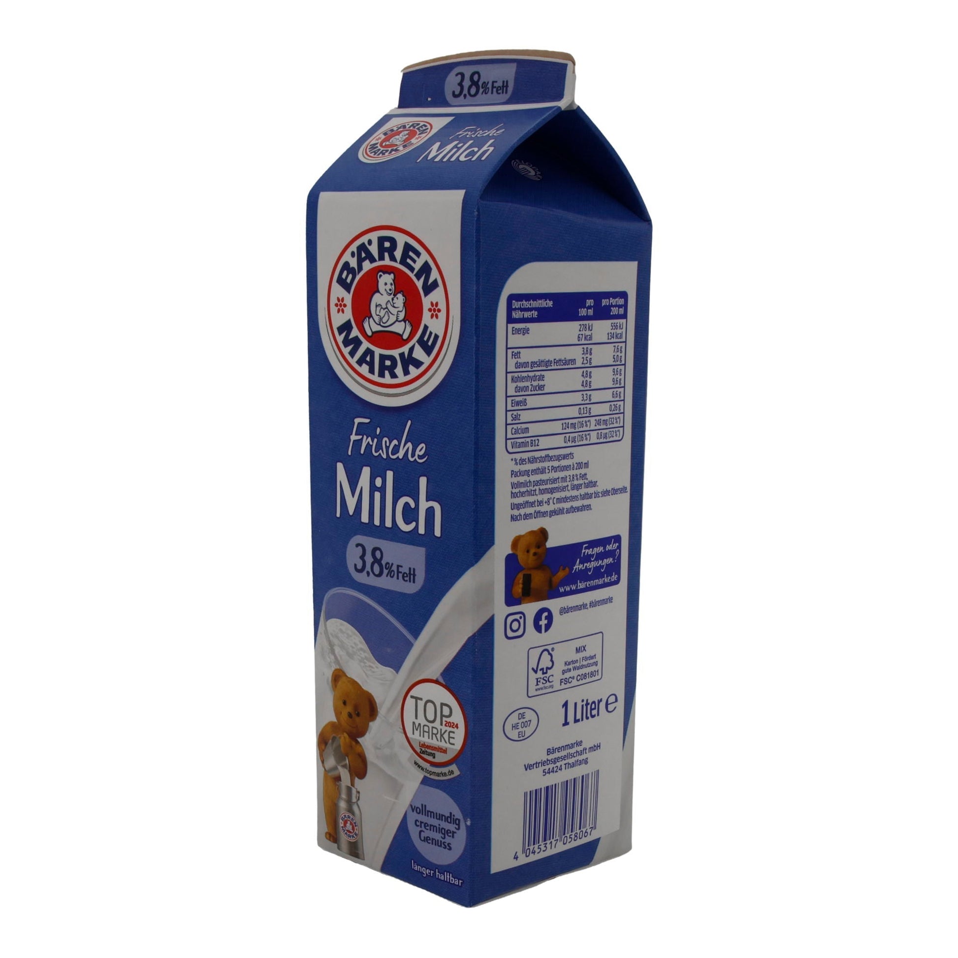 Milch Bärenmarke Frische Milch 3,8 % Fett | Vollmundig-cremiger Genuss | 1 l BAERENMARKE