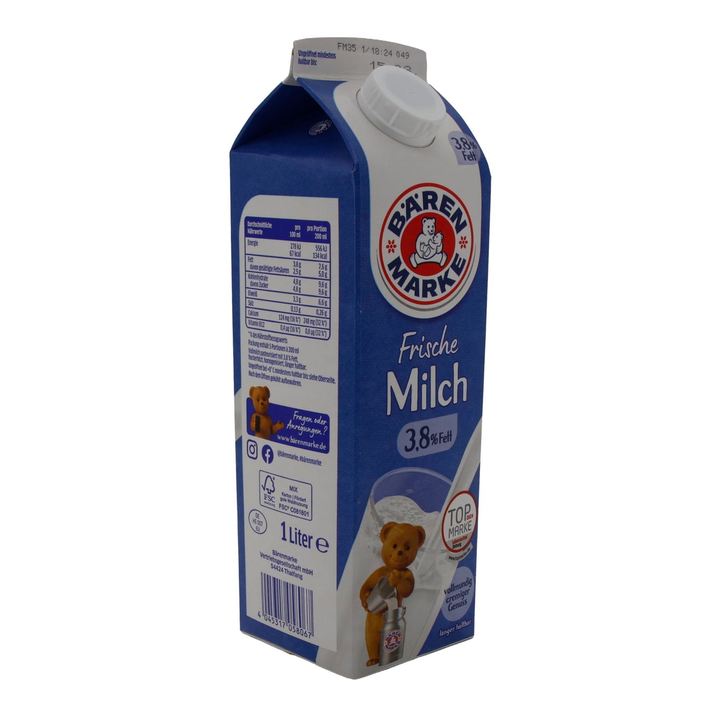 Milch Bärenmarke Frische Milch 3,8 % Fett | Vollmundig-cremiger Genuss | 1 l BAERENMARKE