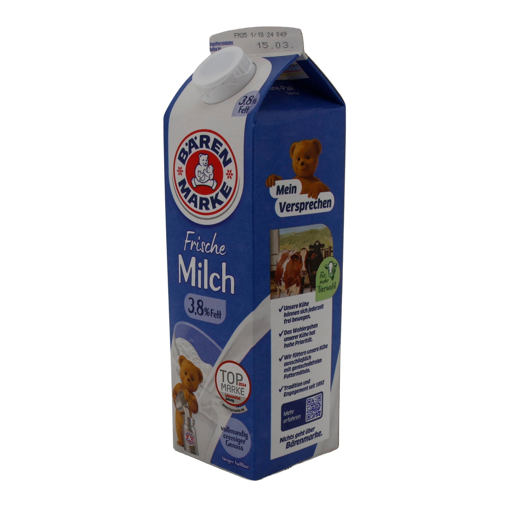 Milch Bärenmarke Frische Milch 3,8 % Fett | Vollmundig-cremiger Genuss | 1 l BAERENMARKE