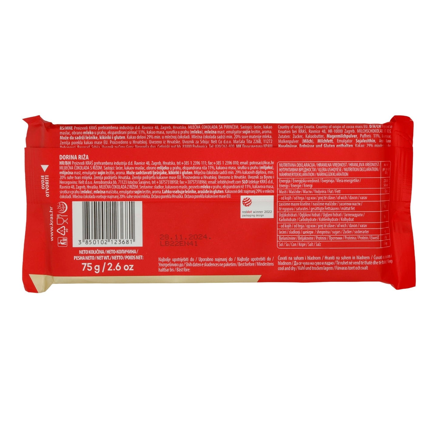 Cioccolato al latte Kraš Dorina | Dolce | Con riso soffiato | 75 g