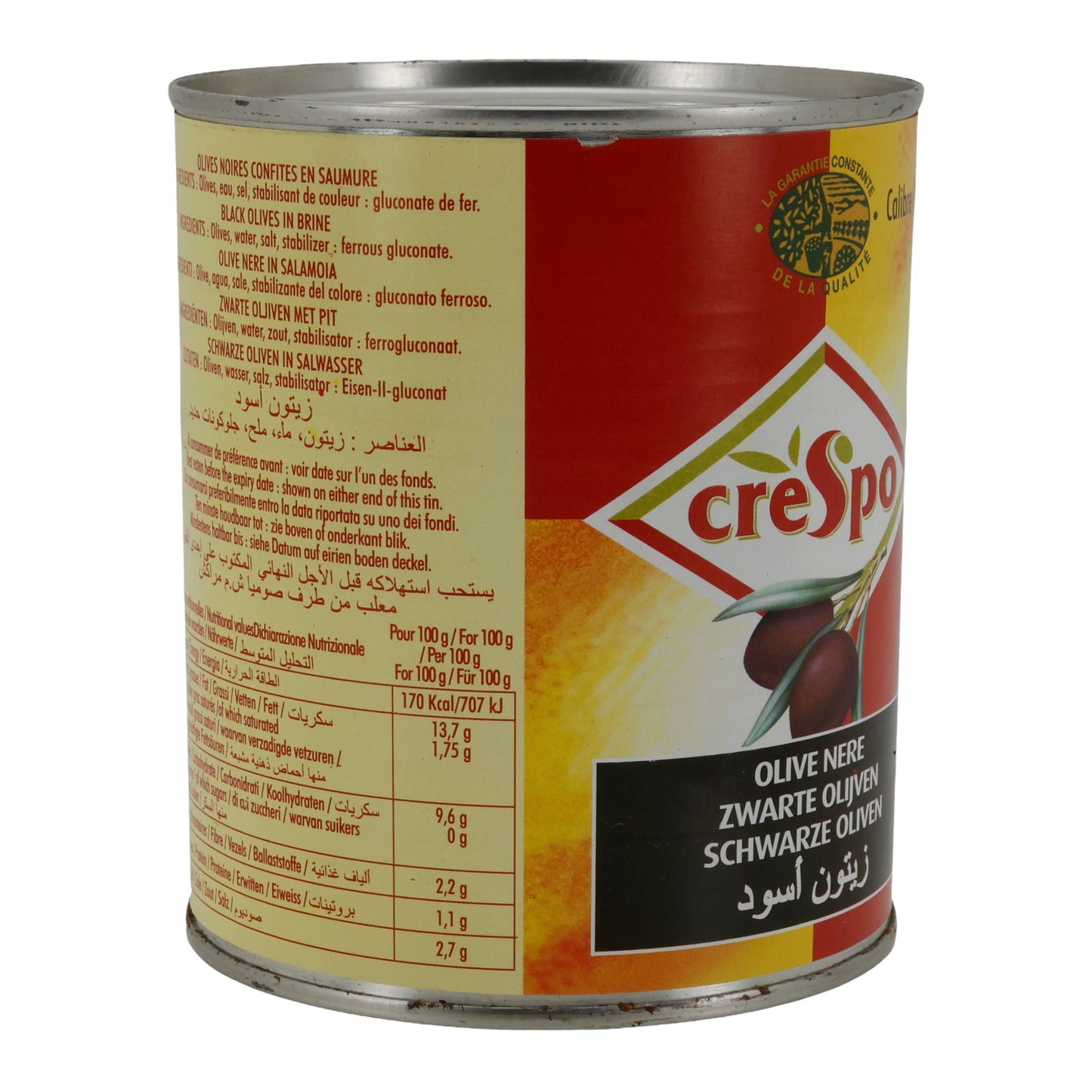 Oliven Crespo | zwarte hele olijven in pekel | Kaliber 26–29 | 850 ml blik