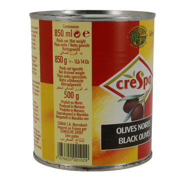 Oliven Crespo | olives noires entières en saumure | calibre 26–29 | boîte 850 ml