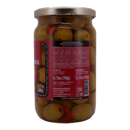 GREEN OLIVES WITH RED PEPPERS