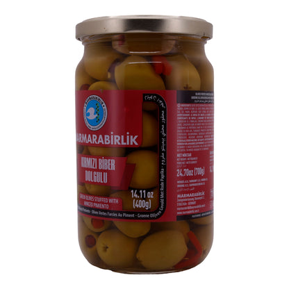 GREEN OLIVES WITH RED PEPPERS