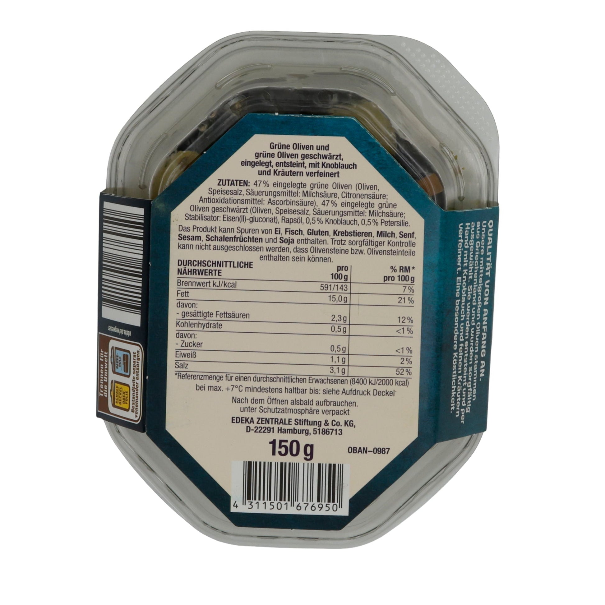 Olivenmix EDEKA Herzstücke | Oliven | Mit Knoblauch, mediterrane Oliven aus Griechenland | 150 g EDEKA