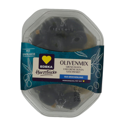 Olivenmix EDEKA Herzstücke | Oliven | Mit Knoblauch, mediterrane Oliven aus Griechenland | 150 g EDEKA