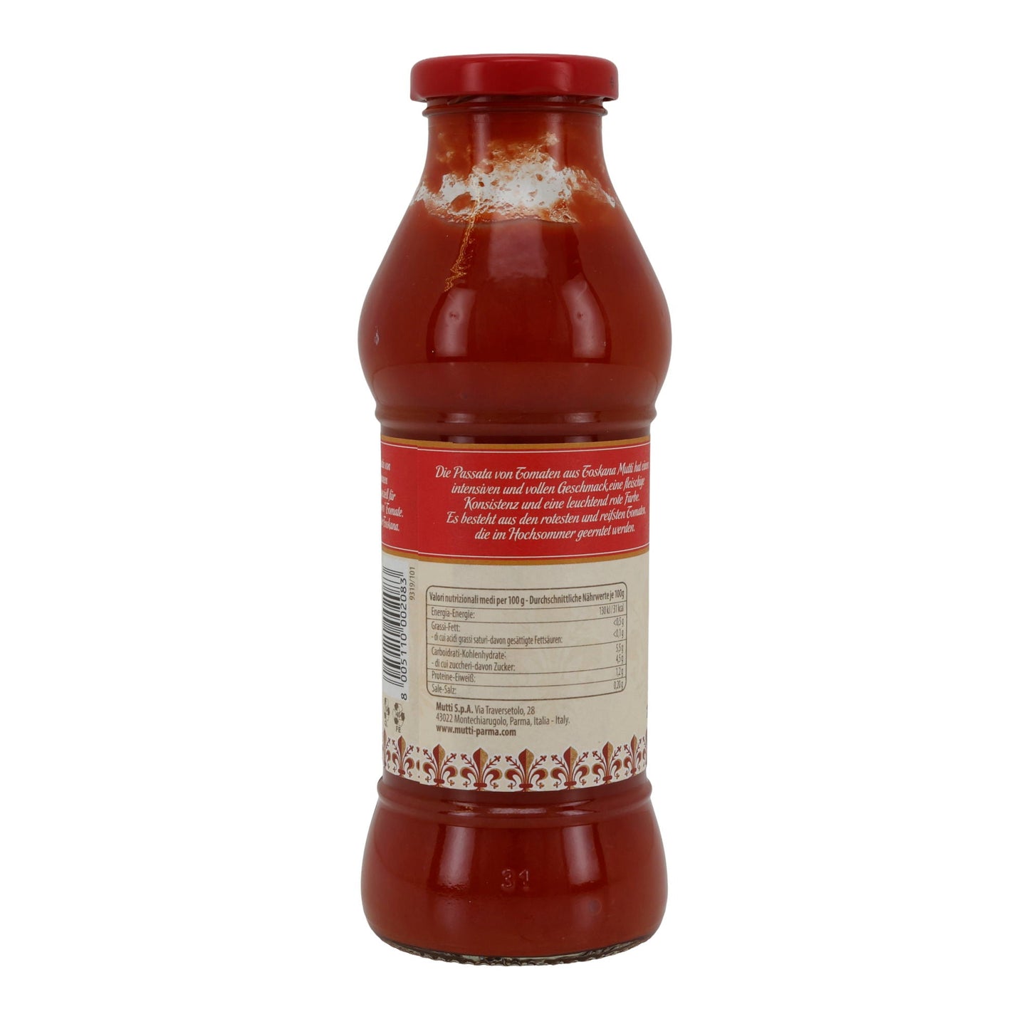 Passata di pomodori Mutti | Passata | dalla Toscana | bottiglia di vetro da 400 g