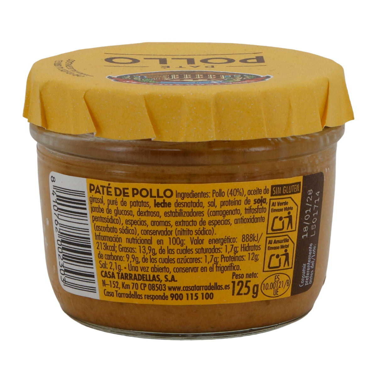 Paté Casa Tarradellas | Hühnerpastete ohne Gluten | Proteinreich & streichzart | 125 g Glas Silca