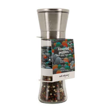 Pfeffermühle Salt Odyssey | Bunte Pfeffermischung | Schwarz, Grün, Weiß, Rot | 80 g Mühle