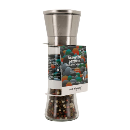 Pfeffermühle Salt Odyssey | Bunte Pfeffermischung | Schwarz, Grün, Weiß, Rot | 80 g Mühle