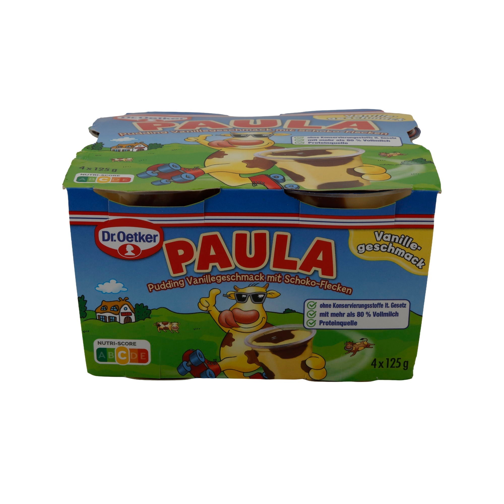 Pudding Dr. Oetker Paula Pudding Vanille mit Schoko-Flecken | Cremiger Milchpudding | 4 x 125 g DR.OETKER