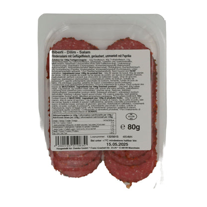Rindersalami Özyörem Paprika-Salami | Halal | Mit Geflügelfleisch, geräuchert und mit Paprika ummantelt | 80 g OEZYOEREM
