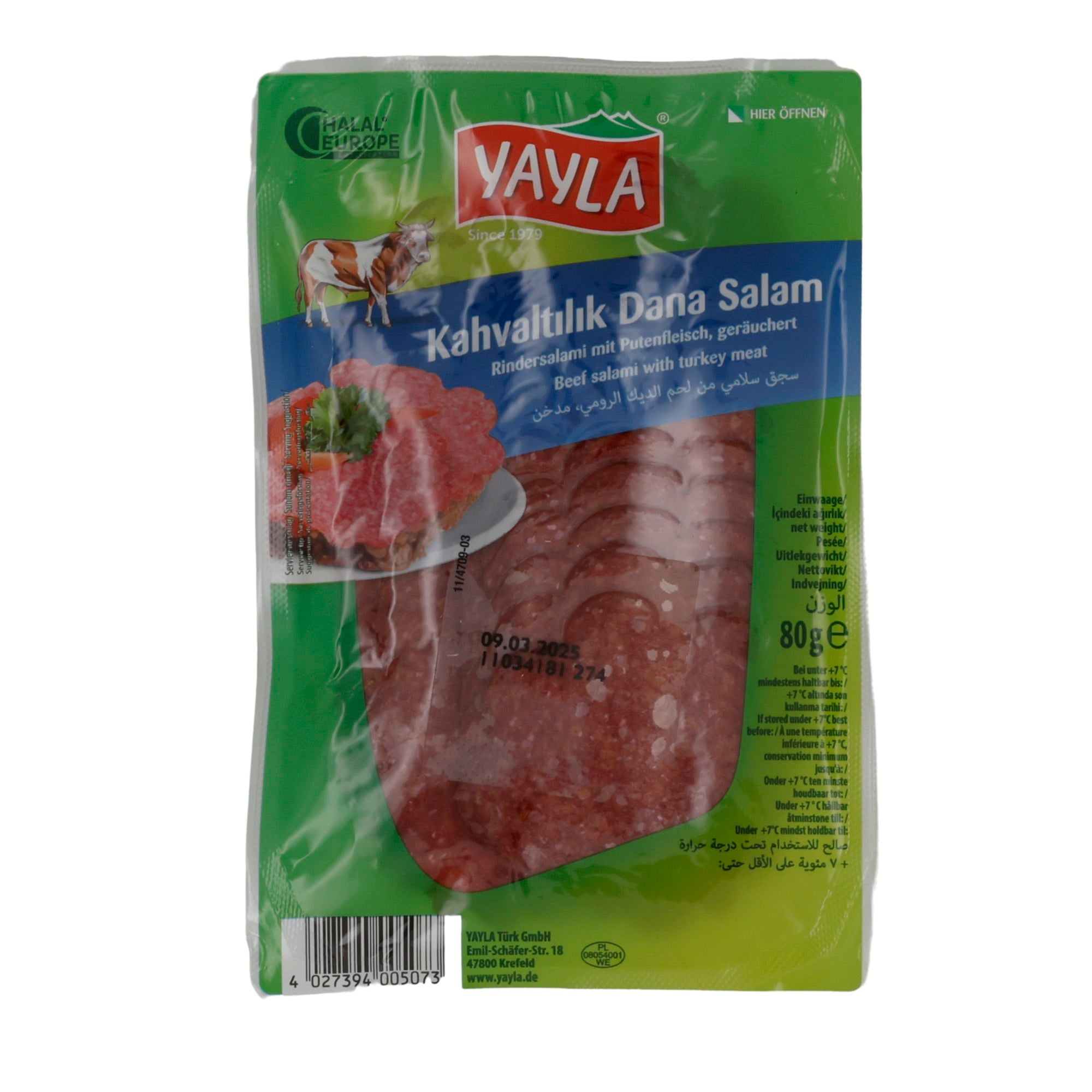 Salami Yayla | Kahvaltılık Dana Salam | Rindersalami mit Putenfleisch | 80 g YAYLA