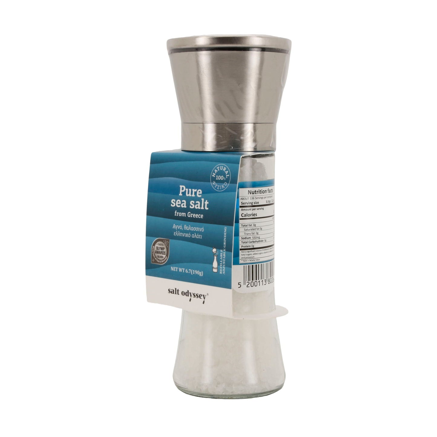 Salzmühle Salt Odyssey | Reines Meersalz grob | 100 % Natur | 190 g Mühle