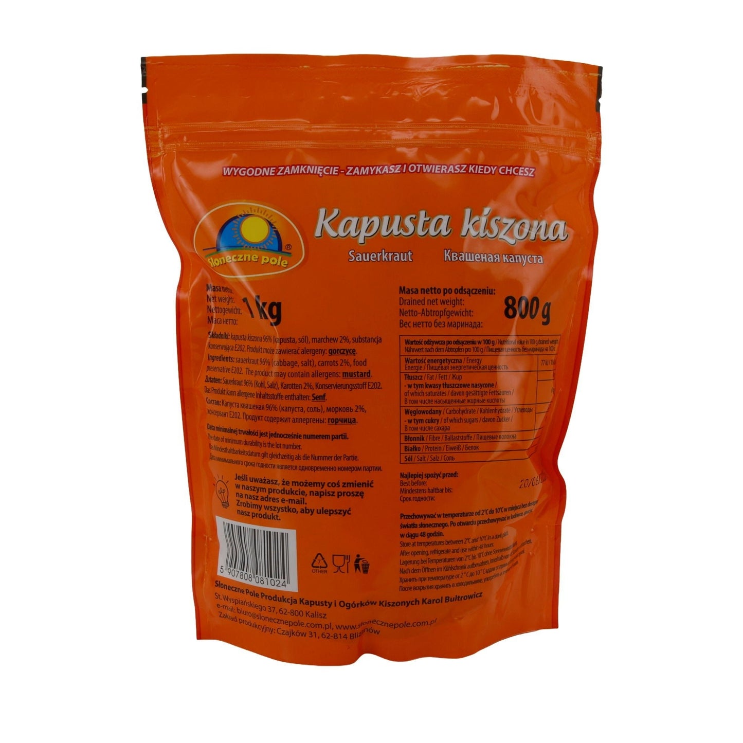 Sauerkraut Słoneczne Pole Kapusta Kiszona | Sauerkraut | Traditionelles polnisches Sauerkraut | 1 kg SLONECZNE