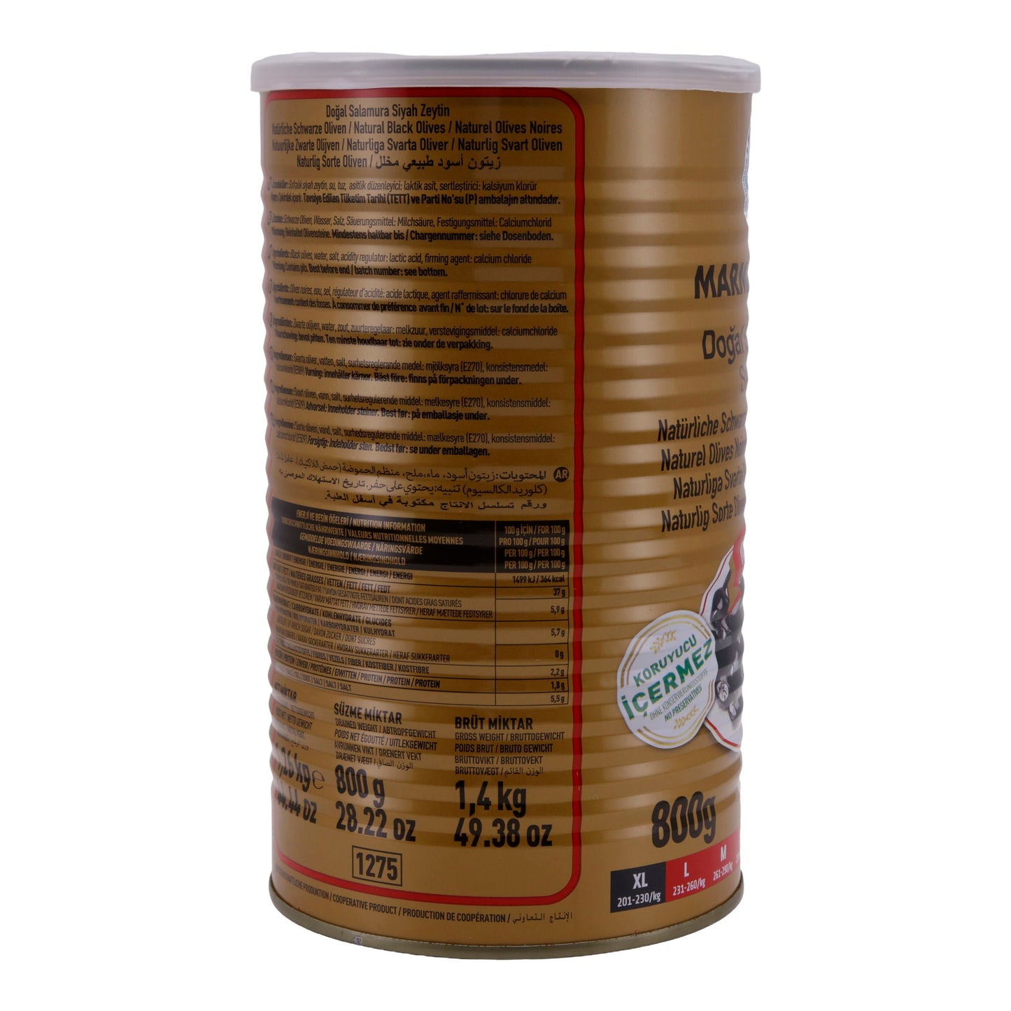 Schwarze Oliven Marmarabirlik | Natuurlijke zwarte olijven | Laag zoutgehalte, MEGA formaat | 800 g blik