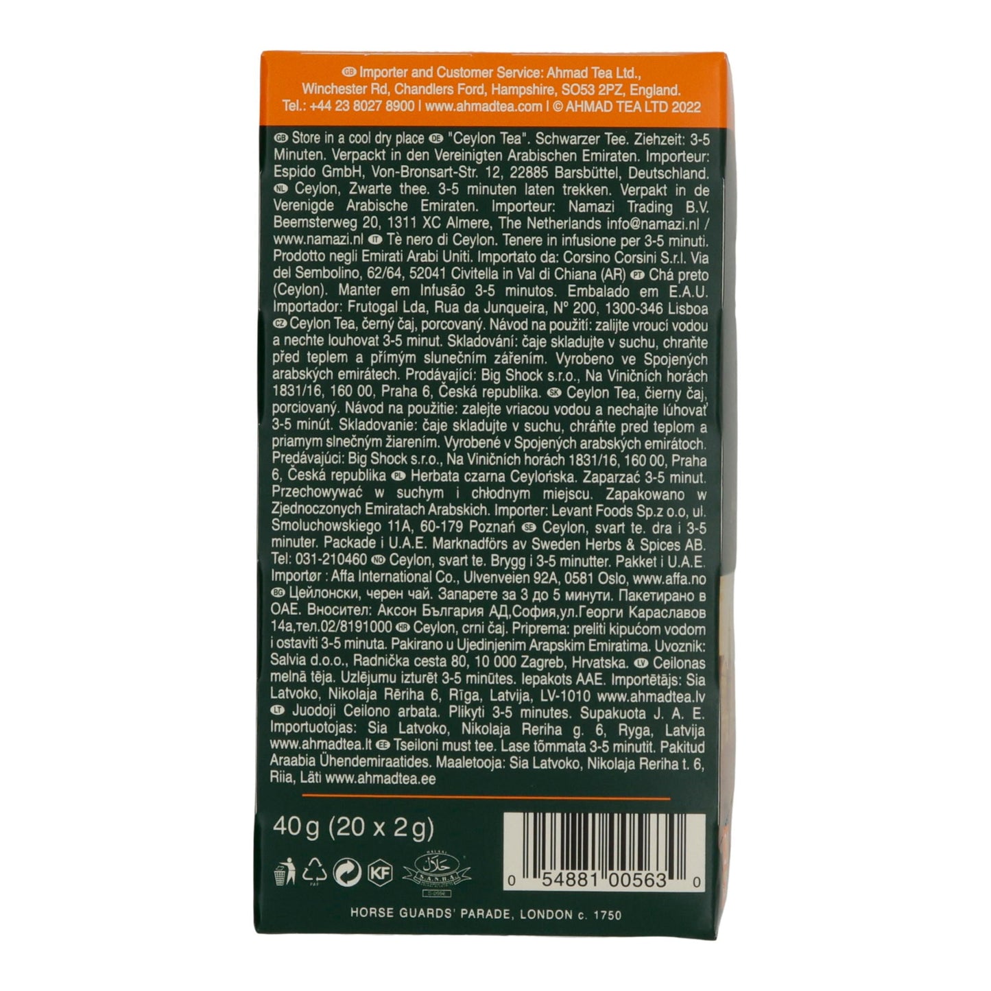 Schwarztee Ahmad Tea | Ceylon Tea | Goldene Farbe & aromatischer Geschmack | 20 Teebeutel | 40g