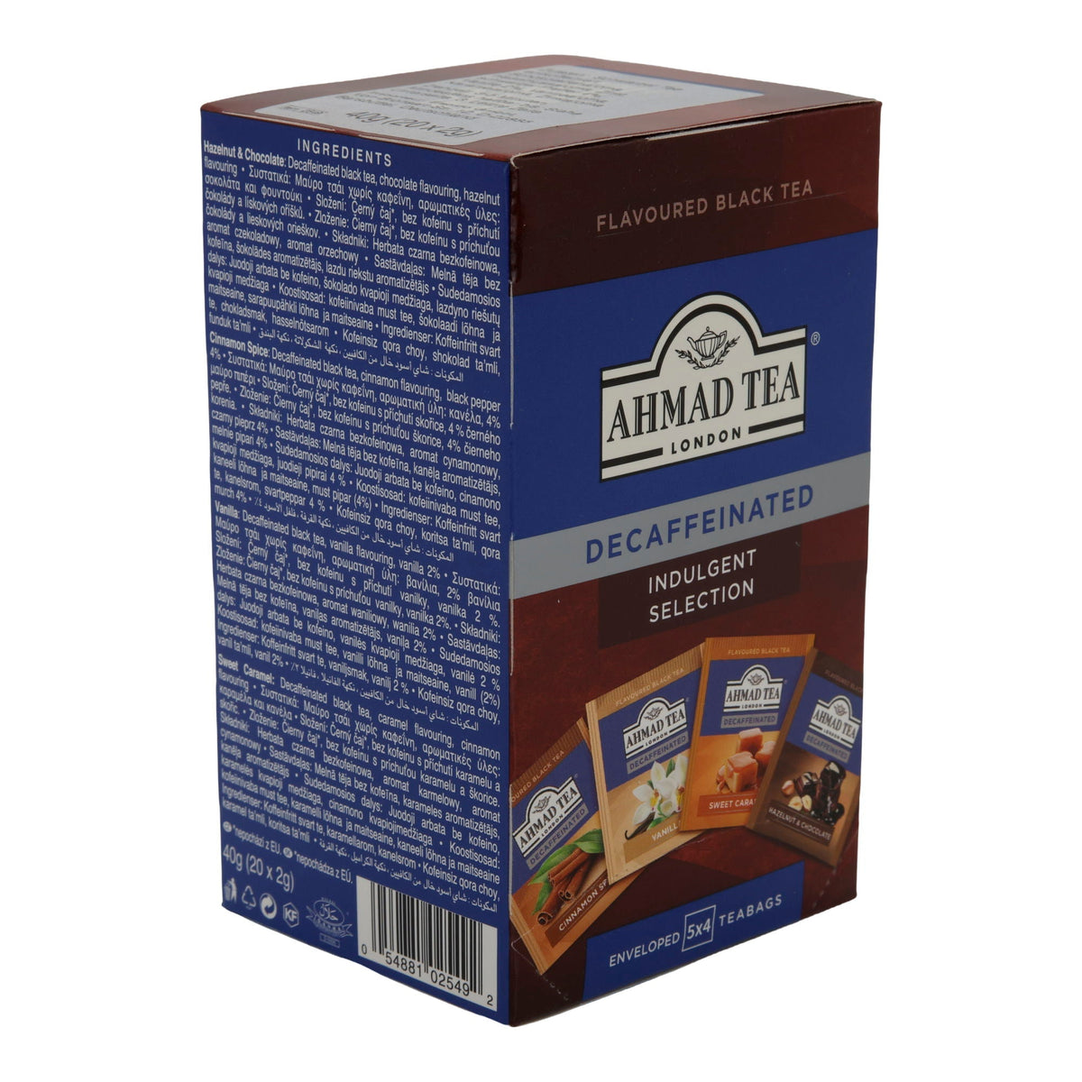 Schwarztee Ahmad Tea | Decaffeinated Indulgent Selection | Koffeinfreie Auswahl aromatisierter Schwarztees | 4 Sorten à 5 Teebeutel